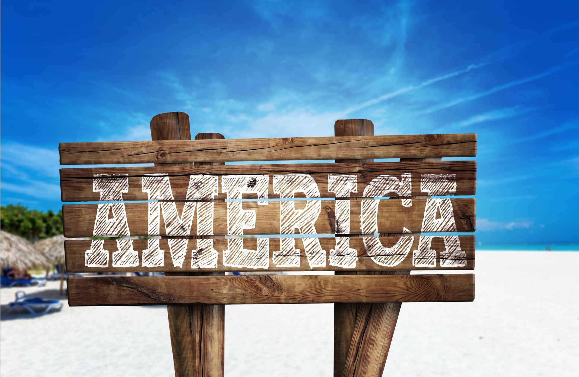 America wooden sign on the beach